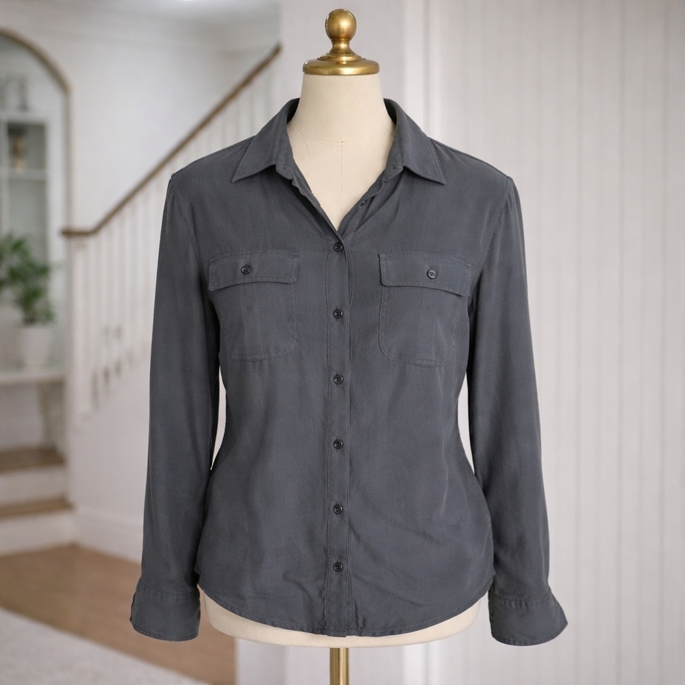 SMW 100% Silk Vintage Charcoal Grey Long Sleeve Button Down Blouse Medium